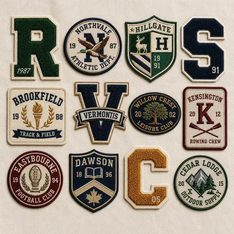 Varsity-style embroidered and chenille patches — letters, crests, shields and club badges