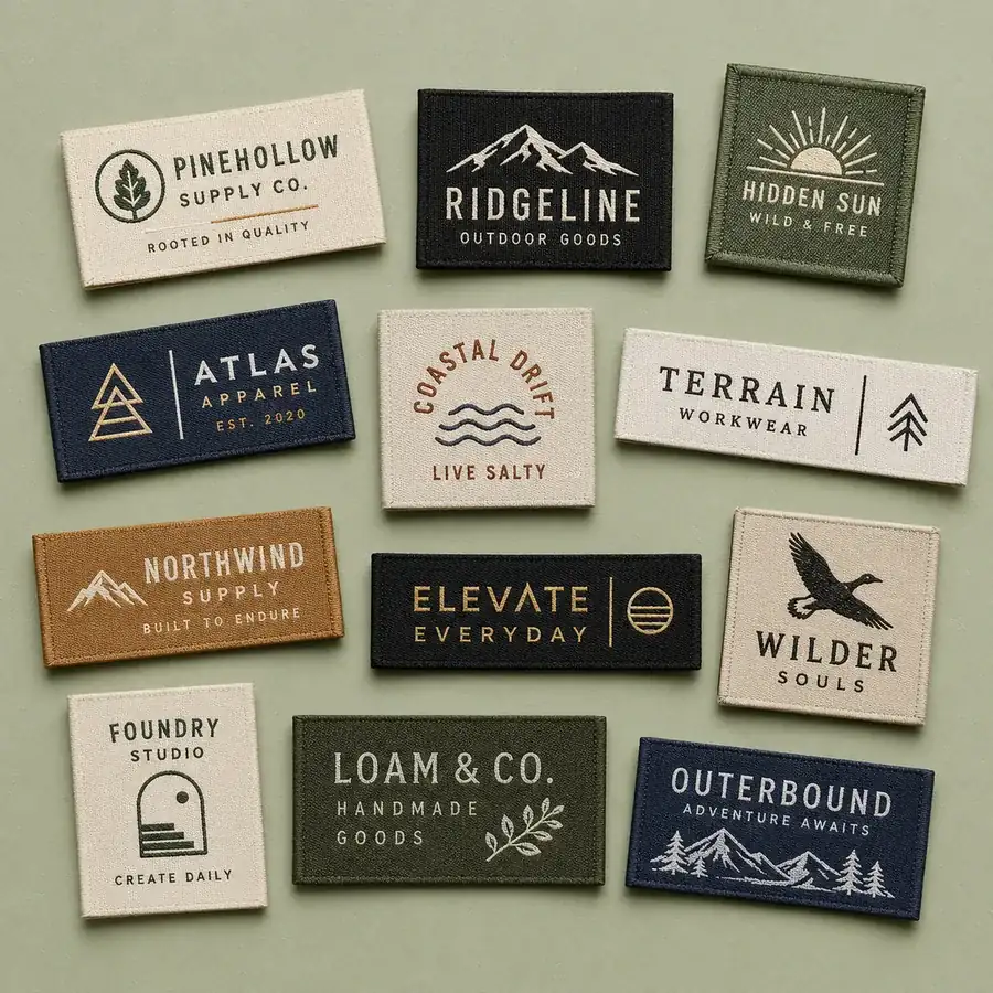 Custom woven labels in twelve brand designs — damask weave on cream, navy, black and olive grounds