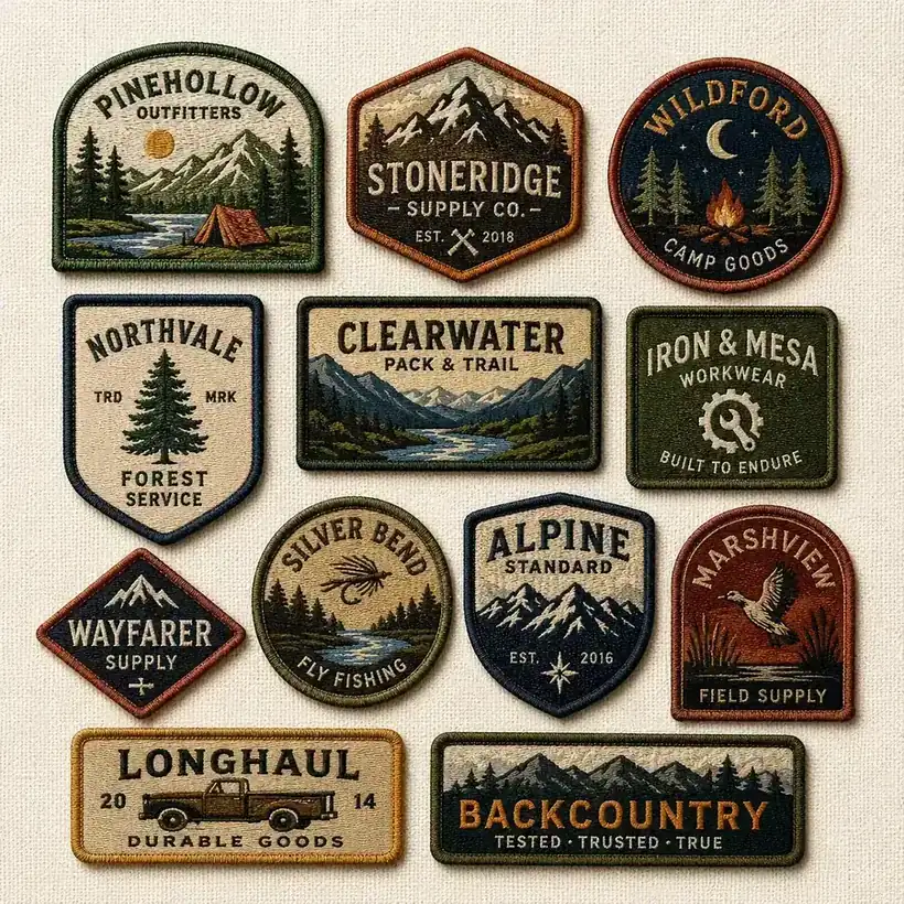 Twelve custom woven patches in outdoor badge styles — arch, hexagon, round, shield and rectangular shapes