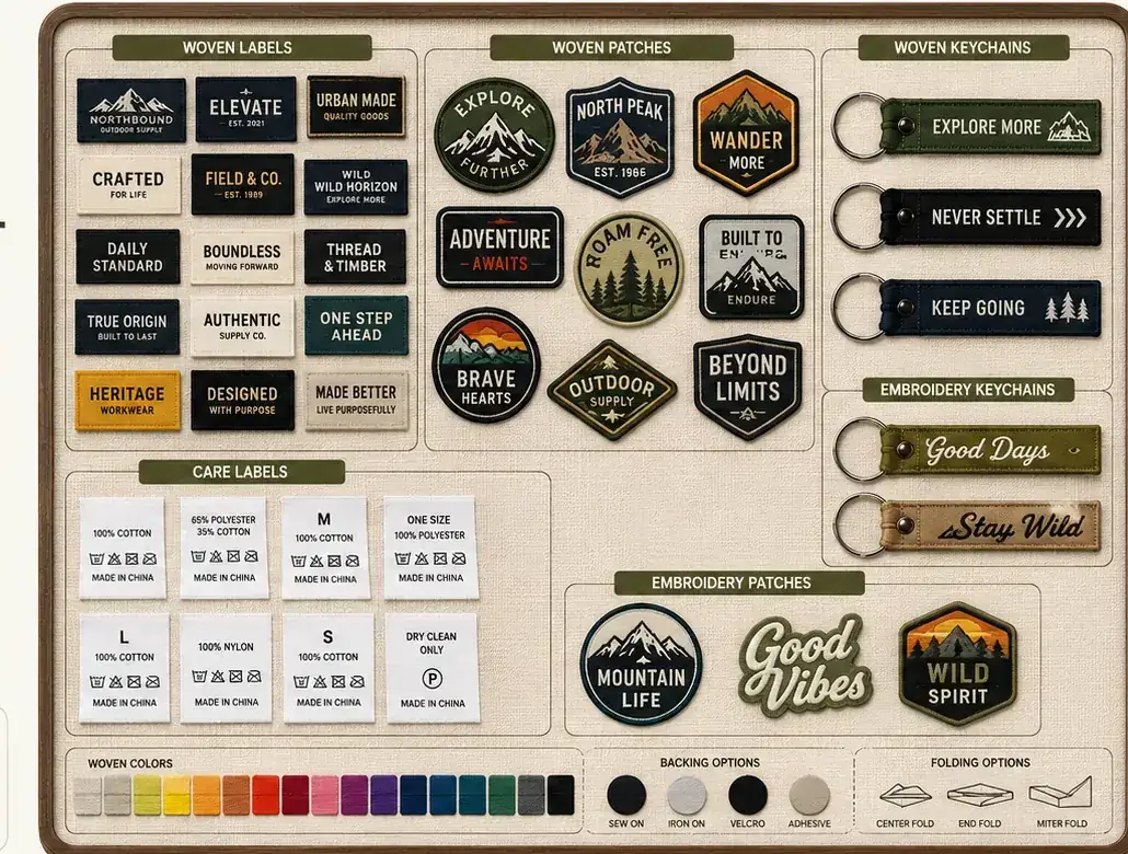 Custom woven labels, care labels, woven patches, woven keychains, embroidered patches and embroidered keychains